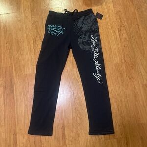 Ed Hardy Black Sweatpants with Blue and White Graphics